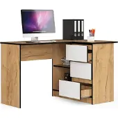 BDW , Eckschreibtisch rechts, 3 Schubladen, 4 Regale, Eiche craft / weiß rechts