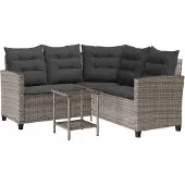 Syfax Gartensofa in L-Form mit Tisch und Kissen Grau Poly Rattan