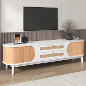 Sweiko TV-Schrank-Natürlicher Holz-Blend mit Türen und Schubladen,TV-Ständer mit Rattanseiten