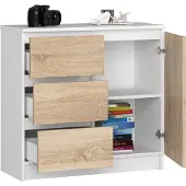 BDW , Kommode, 3 Schubladen, 1 Tür, Schrank, Sideboard, Weiss / Eiche Sonoma