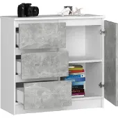 BDW , Kommode, 3 Schubladen, 1 Tür, Schrank, Sideboard, Weiss / Beton