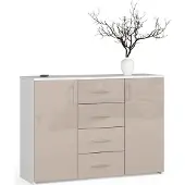BDW Hochglanz Kommode, 4 Schubladen, 2 Türen, 110x80 cm, Weiß-Cappuccino