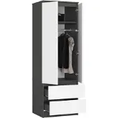 BDW , Kleiderschrank 2 Türen 2 Schubladen, 180x60x51 cm, Graphit / Weiß