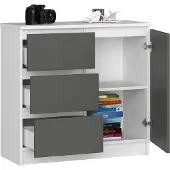 BDW , Kommode, 3 Schubladen, 1 Tür, Schrank, Sideboard, Weiss / Grau