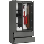 BDW , Kleiderschrank 2 Türen, 2 Schubladen, 180x90x51 cm, Grau