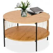 Sonstiges Runder Couchtisch Holz mit gewebten Papierquasten, Metallrahmen - Wohnzimmer Beistelltisch