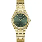 GUESS Quarzuhr "COSMO", gold (goldfarben, dunkelgrün, dunkelgrün), Armbanduhren, Damen, goldfarben, Quarzuhr, Armbanduhr, Damenuhr, analog, Kristallsteine, Edelstahlarmband