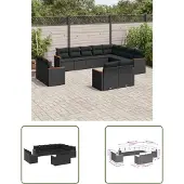 The Living Store 12-tlg. Garten-Sofagarnitur mit Kissen Schwarz Poly Rattan