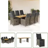 The Living Store 9-tlg. Garten-Essgruppe mit Kissen Grau Poly Rattan