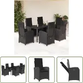 The Living Store 7-tlg. Garten-Essgruppe mit Kissen Schwarz Poly Rattan