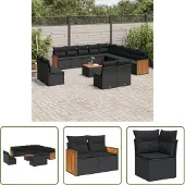 The Living Store 14-tlg. Garten-Sofagarnitur mit Kissen Schwarz Poly Rattan