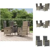 vidaXL 5-tlg. Garten-Essgruppe mit Kissen Schwarz und Grau Poly Rattan - Gartenmöbel-Sets