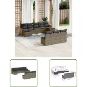The Living Store 10-tlg. Garten-Sofagarnitur mit Kissen Grau Poly Rattan