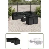 The Living Store 9-tlg. Garten-Sofagarnitur mit Kissen Schwarz Poly Rattan