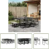 The Living Store 11-tlg. Garten-Essgruppe mit Kissen Schwarz Poly Rattan