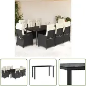 The Living Store 9-tlg. Garten-Essgruppe mit Kissen Schwarz Poly Rattan