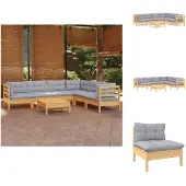 vidaXL 7-tlg. Garten-Lounge-Set mit Grauen Kissen Kiefer Massivholz - Gartenmöbel-Sets