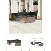 The Living Store 12-tlg. Garten-Sofagarnitur mit Kissen Grau Poly Rattan