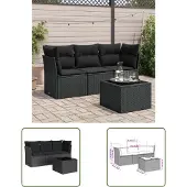 The Living Store 4-tlg. Garten-Sofagarnitur mit Kissen Schwarz Poly Rattan