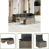 The Living Store 9-tlg. Garten-Sofagarnitur mit Kissen Grau Poly Rattan