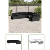 The Living Store 10-tlg. Garten-Sofagarnitur mit Kissen Schwarz Poly Rattan