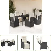 The Living Store 7-tlg. Garten-Essgruppe mit Kissen Schwarz Poly Rattan