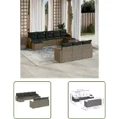The Living Store 10-tlg. Garten-Sofagarnitur mit Kissen Grau Poly Rattan