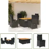 The Living Store 5-tlg. Garten-Essgruppe mit Kissen Schwarz Poly Rattan