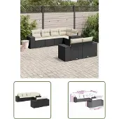 The Living Store 7-tlg. Garten-Sofagarnitur mit Kissen Schwarz Poly Rattan