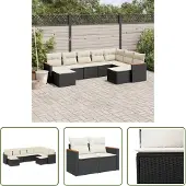 The Living Store 9-tlg. Garten-Sofagarnitur mit Kissen Schwarz Poly Rattan