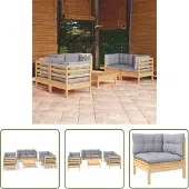 The Living Store 7-tlg. Garten-Lounge-Set mit Grauen Kissen Kiefer Massivholz