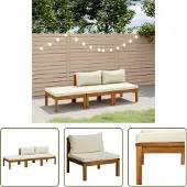 The Living Store 3-tlg. Garten-Lounge-Set mit Creme Kissen Massivholz Akazie