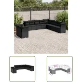 The Living Store 11-tlg. Garten-Sofagarnitur mit Kissen Schwarz Poly Rattan