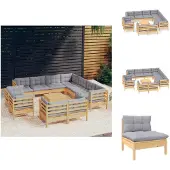 vidaXL 12-tlg. Garten-Lounge-Set mit Grauen Kissen Massivholz Kiefer - Gartenmöbel-Sets