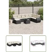The Living Store 9-tlg. Garten-Sofagarnitur mit Kissen Schwarz Poly Rattan