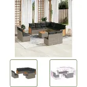 The Living Store 12-tlg. Garten-Sofagarnitur mit Kissen Grau Poly Rattan
