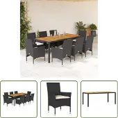 The Living Store 9-tlg. Garten-Essgruppe mit Kissen Schwarz Poly Rattan Akazie