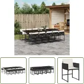The Living Store 11-tlg. Garten-Essgruppe mit Kissen Schwarz Poly Rattan