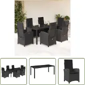 The Living Store 7-tlg. Garten-Essgruppe mit Kissen Schwarz Poly Rattan