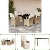 The Living Store 7-tlg. Garten-Bistro-Set mit Kissen Beige Poly Rattan