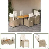 The Living Store 7-tlg. Garten-Essgruppe mit Kissen Beige Poly Rattan