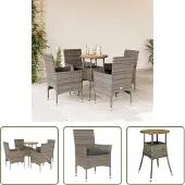 The Living Store 5-tlg. Garten-Essgruppe mit Kissen Grau Poly Rattan Akazie