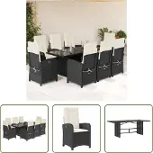 The Living Store 9-tlg. Garten-Essgruppe mit Kissen Schwarz Poly Rattan