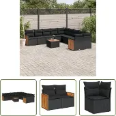 The Living Store 11-tlg. Garten-Sofagarnitur mit Kissen Schwarz Poly Rattan