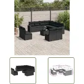 The Living Store 12-tlg. Garten-Sofagarnitur mit Kissen Schwarz Poly Rattan
