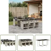 The Living Store 7-tlg. Garten-Essgruppe mit Kissen Hellgrau Poly Rattan