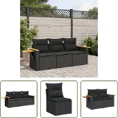 The Living Store 3-tlg. Garten-Sofagarnitur mit Kissen Schwarz Poly Rattan