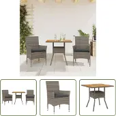 The Living Store 3-tlg. Garten-Essgruppe mit Kissen Grau Poly Rattan Akazie