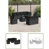 The Living Store 9-tlg. Garten-Sofagarnitur mit Kissen Schwarz Poly Rattan