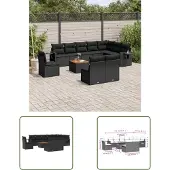 The Living Store 11-tlg. Garten-Sofagarnitur mit Kissen Schwarz Poly Rattan